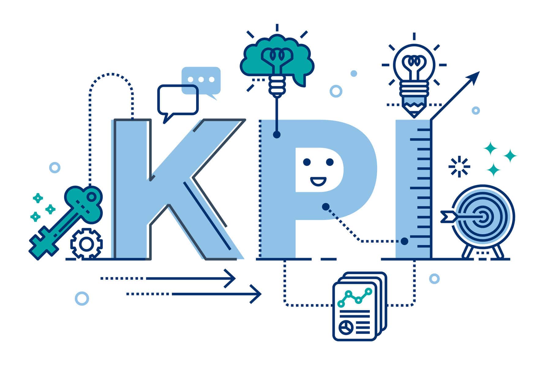 Digital interface with KPI icons, charts, and graphs, highlighting business analytics and data-driven decision-making.